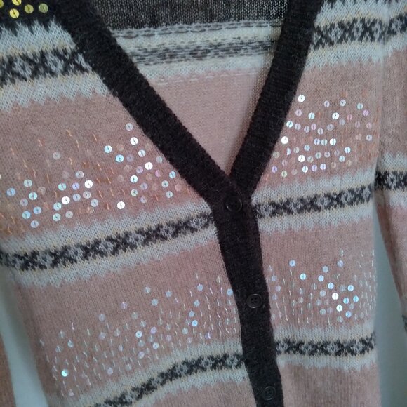 French Connection Brown and Peach Mohair Blend Striped Cardigan with Sequins - Picture 2 of 4